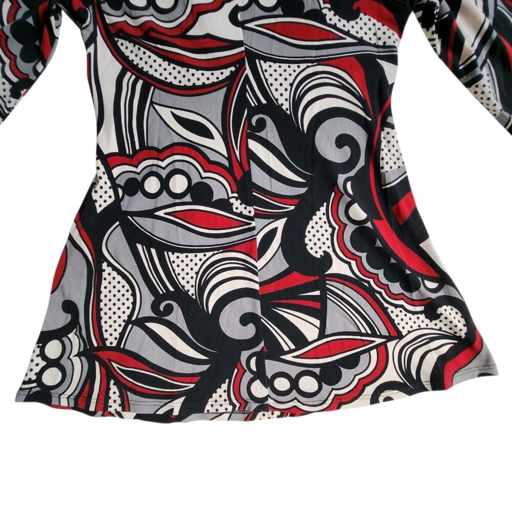 Heart Soul Red Black White Multicolor Swirl Print Faux Wrap 3/4 Sleeve Top Sz M - Picture 6 of 12